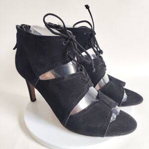 Franco Sarto Shawnee Black Suede Lace-Up Open Toe Sexy 4" Caged Heels Size 8 /38